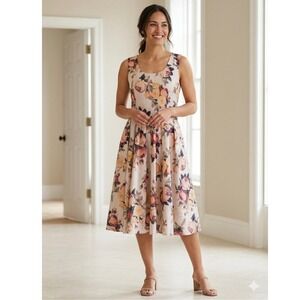 Peruvian Connection Floral Cotton Fit & Flare Midi Dress Roses Pink Yellow Sz 10
